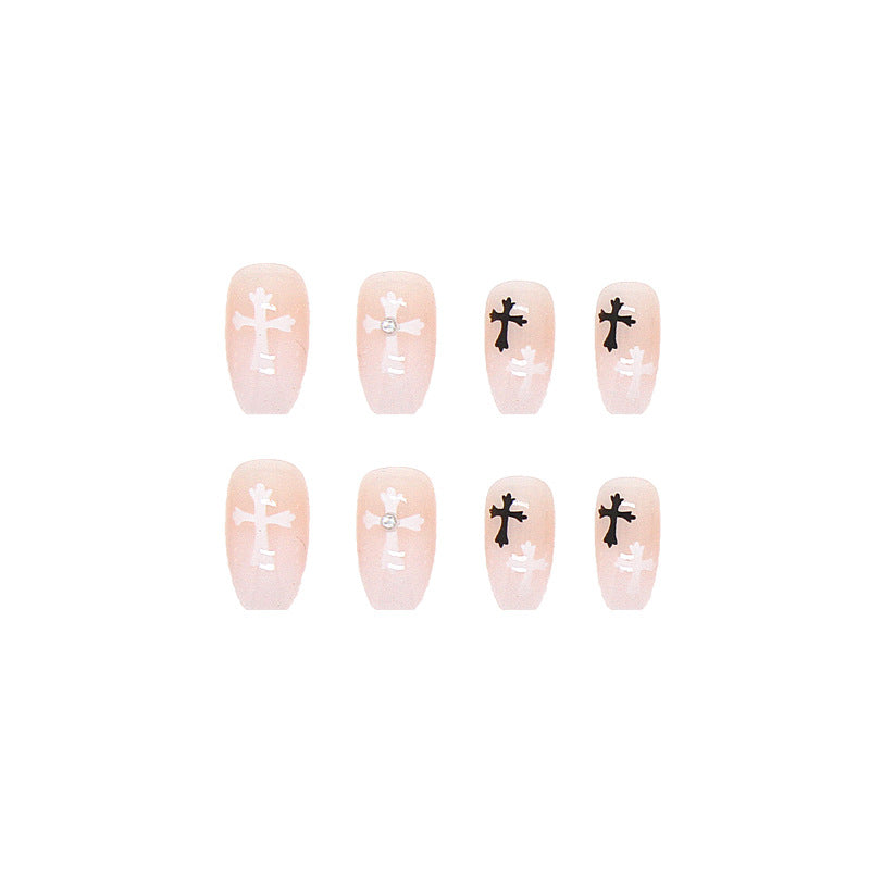 French Tip Coffin Medium Fake Nails Nude Pink Cross Press ons Flase Nails Press On Nails Tips Salon