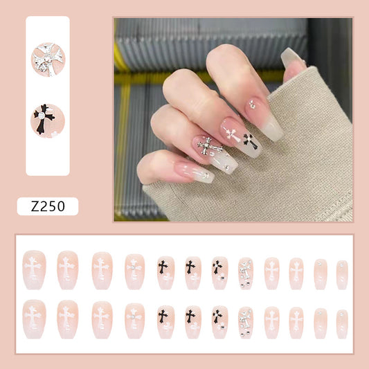 French Tip Coffin Medium Fake Nails Nude Pink Cross Press ons Flase Nails Press On Nails Tips Salon