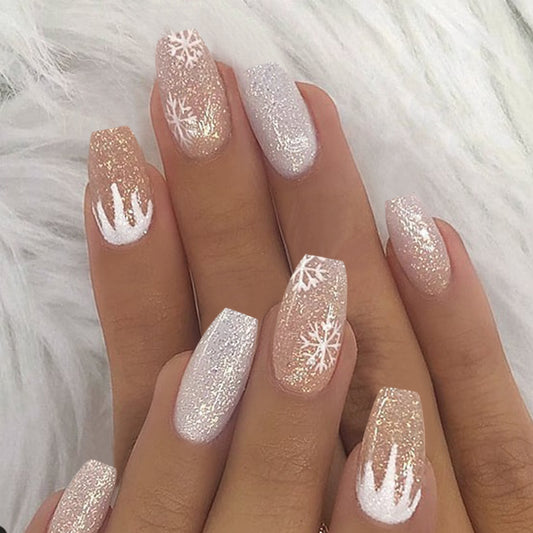 Snowflake Effects Squoval Medium Fake Nails Whtie Diary Press ons Flase Nails Press On Nails Tips Salon