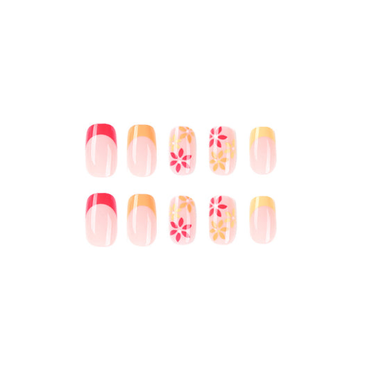 Pretty Garden Squoval Short Fake Nails Cream Flower Press ons Flase Nails Press On Nails Tips Salon