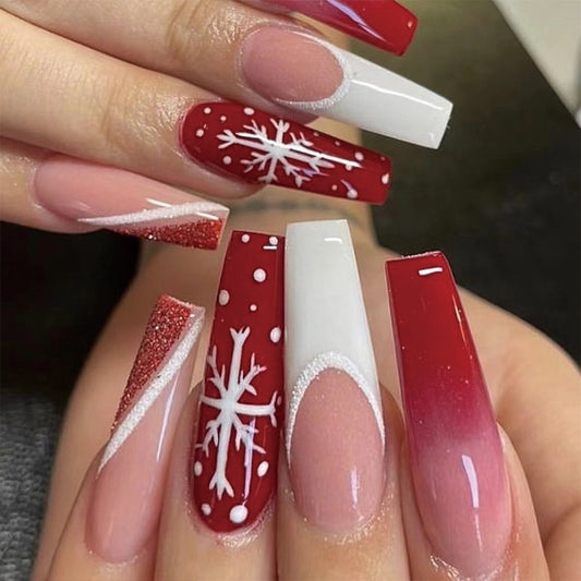 Snowflake Effects Coffin Long Fake Nails Red Snow Press ons Flase Nails Press On Nails Tips Salon