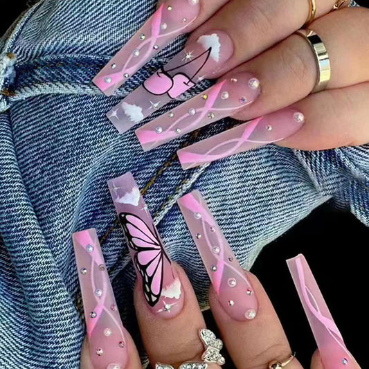 Universe Mystery Coffin Long Fake Nails Pink Space Press ons Flase Nails Press On Nails Tips Salon