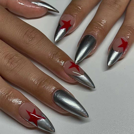 Universe Mystery/ French Tips Stiletto Medium Fake Nails Red Starry Press ons Flase Nails Press On Nails Tips Salon
