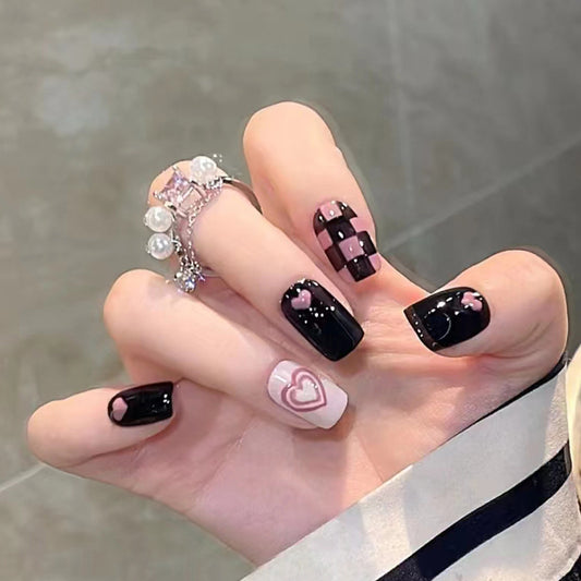 Y2K Style Squoval Short Fake Nails Cool Heart Press ons Flase Nails Press On Nails Tips Salon