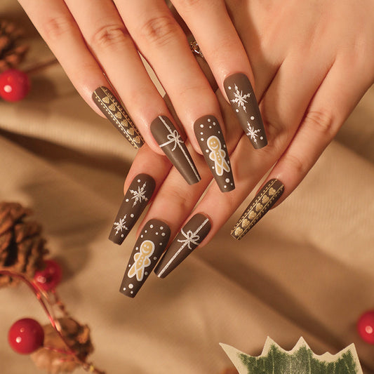 Snowflake Effects Coffin Long Fake Nails Snow Cookies Press ons Flase Nails Press On Nails Tips Salon