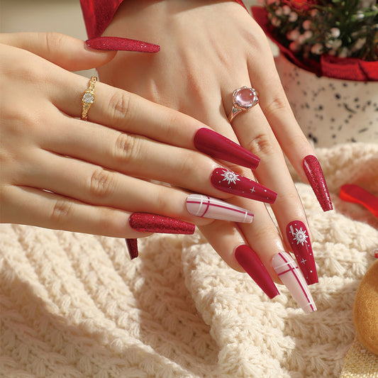 Snowflake Effects Coffin Long Fake Nails Little Gift Press ons Flase Nails Press On Nails Tips Salon