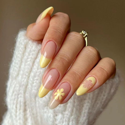 French Tips/ Pretty Garden Stiletto Mediun Fake Nails Yellow Flower Press ons Flase Nails Press On Nails Tips Salon