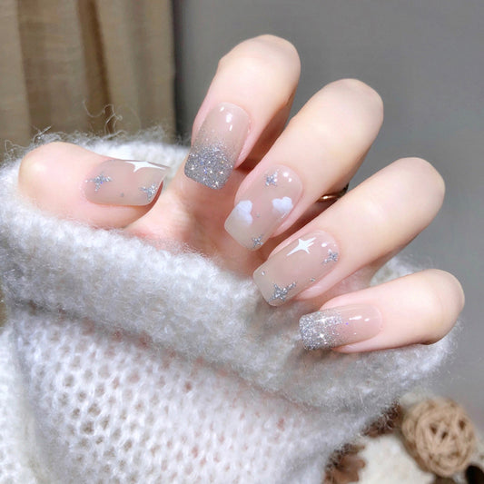 Universe Mystery Squoval Medium Fake Nails Light Clouds Press ons Flase Nails Press On Nails Tips Salon