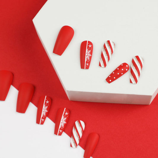 Snowflake Effects Coffin Medium Fake Nails Red Gift Press ons Flase Nails Press On Nails Tips Salon