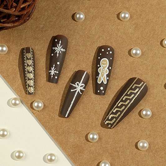 Snowflake Effects Coffin Long Fake Nails Snow Cookies Press ons Flase Nails Press On Nails Tips Salon