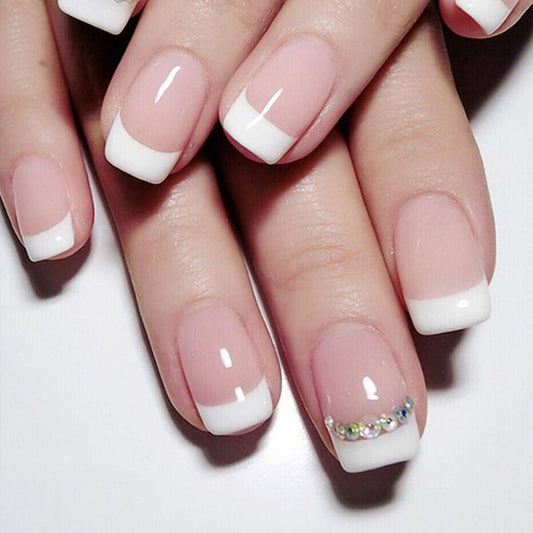 French Tip Squoval Short Fake Nails Naked White Glitter Effects Press ons Flase Nails Press On Nails Tips Salon