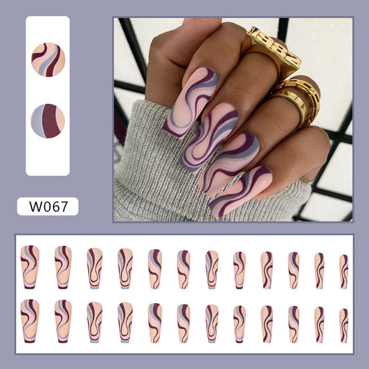 Swirl Effects Coffin Long Fake Nails W067 Press ons Flase Nails Press On Nails Tips Salon